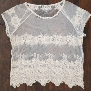 Breeze Ever Boho Crochet Lace Sheer Cap Sleeve Top Vintage Cream Size M
